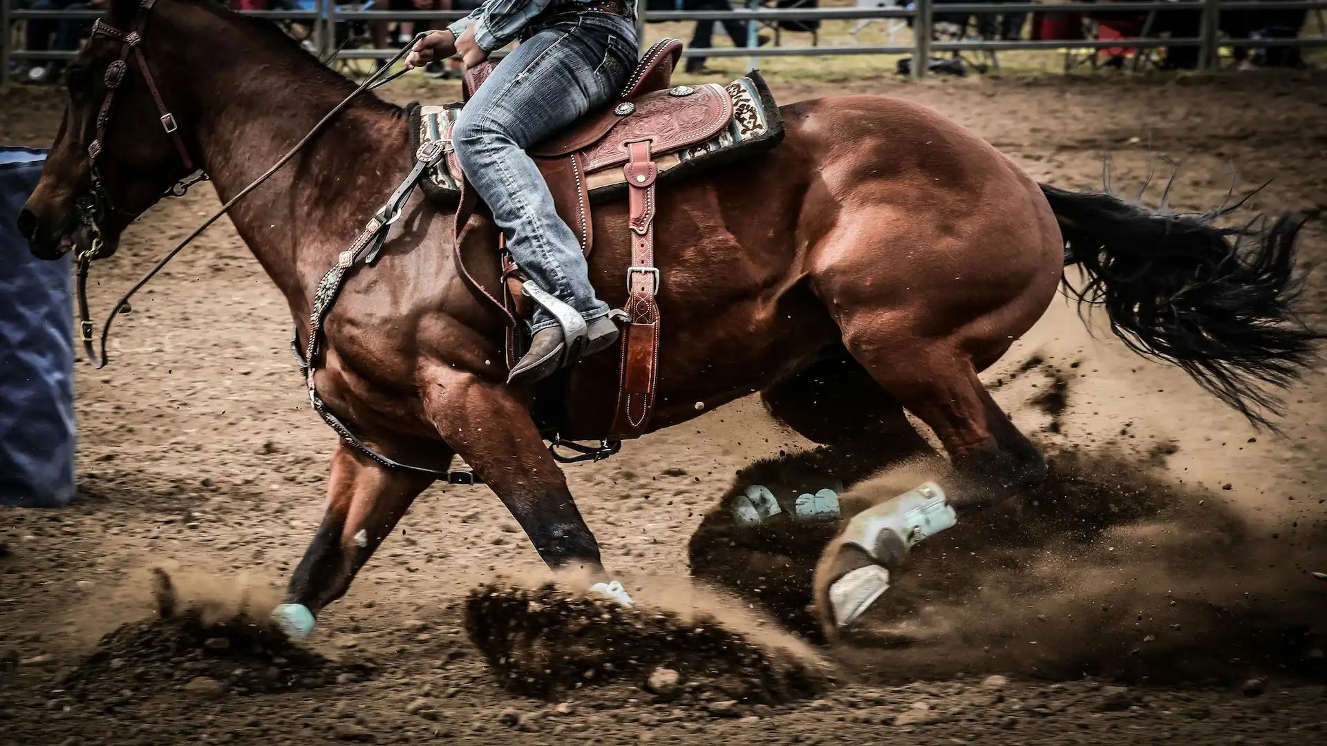A horse cutting a corner and kicking up dirt
